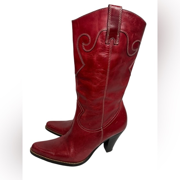 Steven Red Leather Cowboy Cowgirl Western Boots - Picture 3 of 16